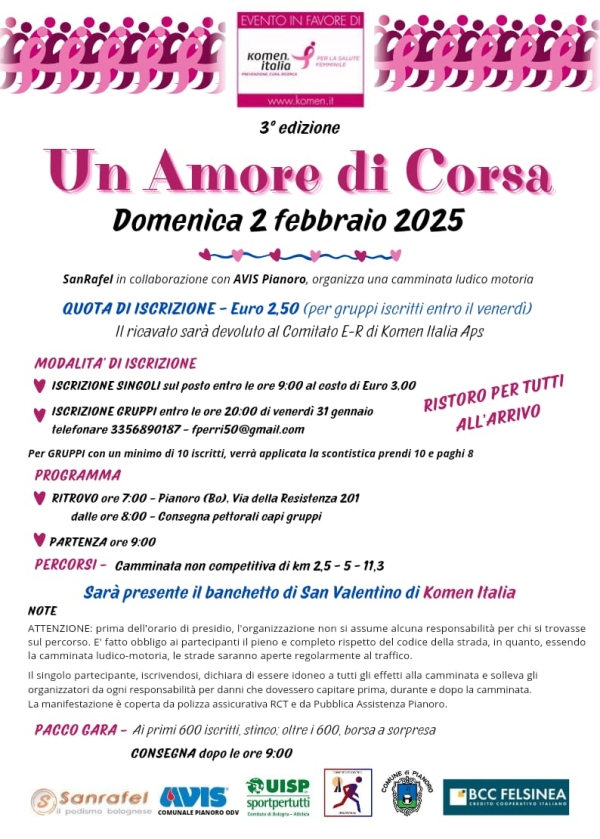 Prima domenica di febbraio a Pianoro per la corsa in rosa a favore di Komen Italia.